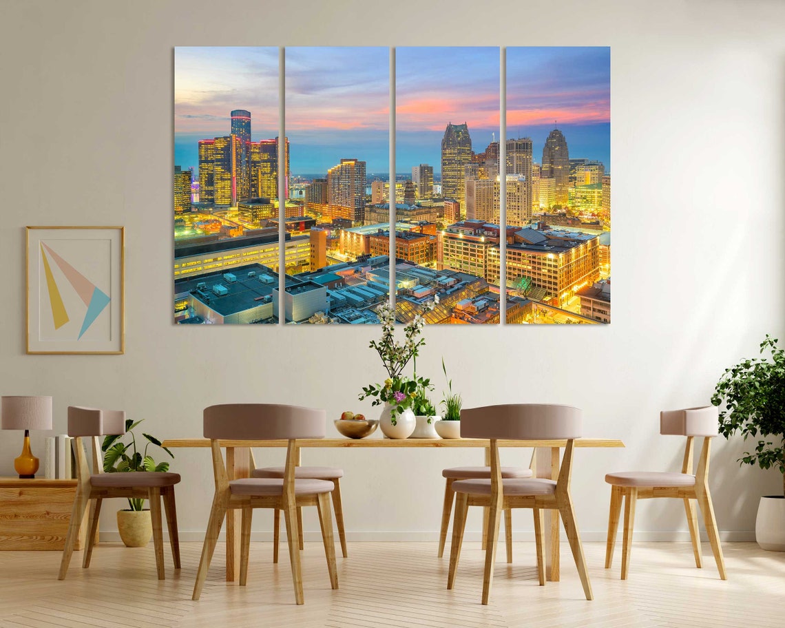 Downtown Detroit Skyline Dusk Riverfront City Lights Travel Poster - Image 8