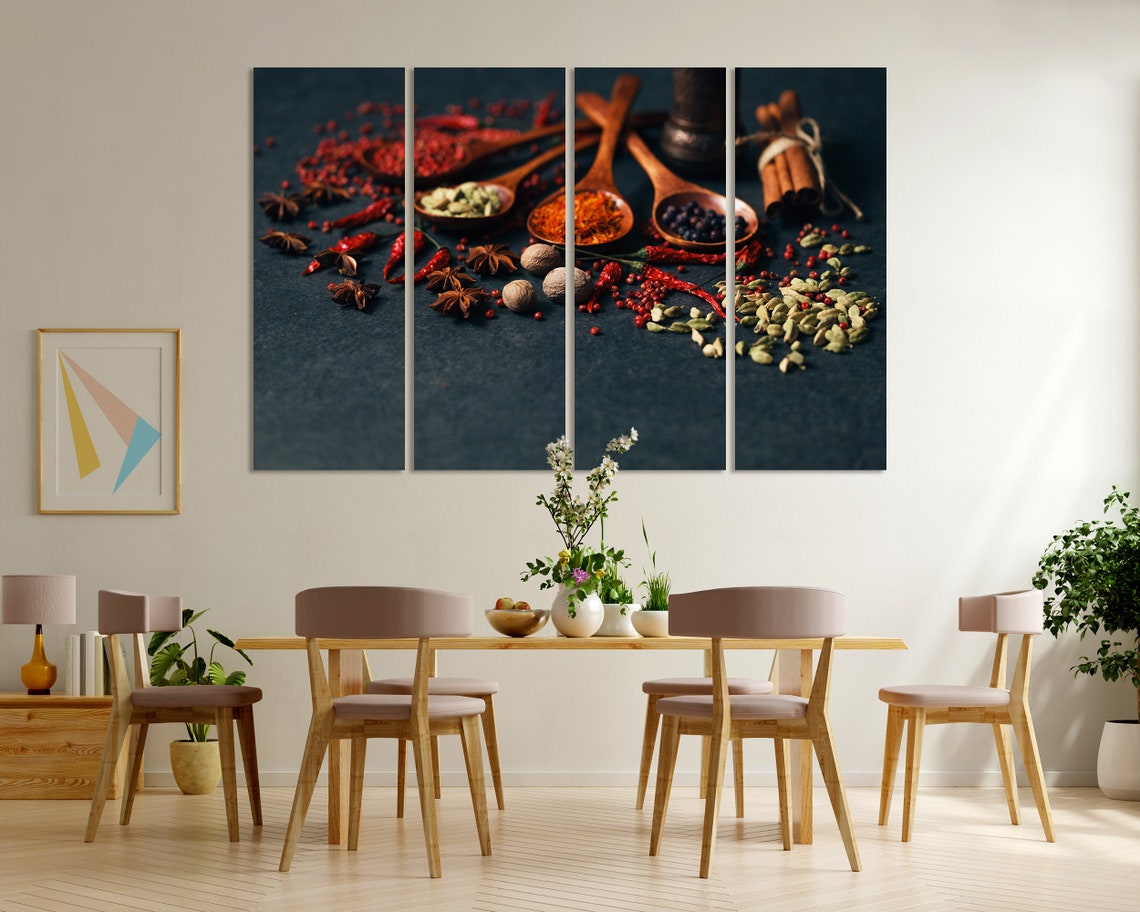 Aromatic Spices In Wooden Spoons Dark Background Quadriptych Wall Art