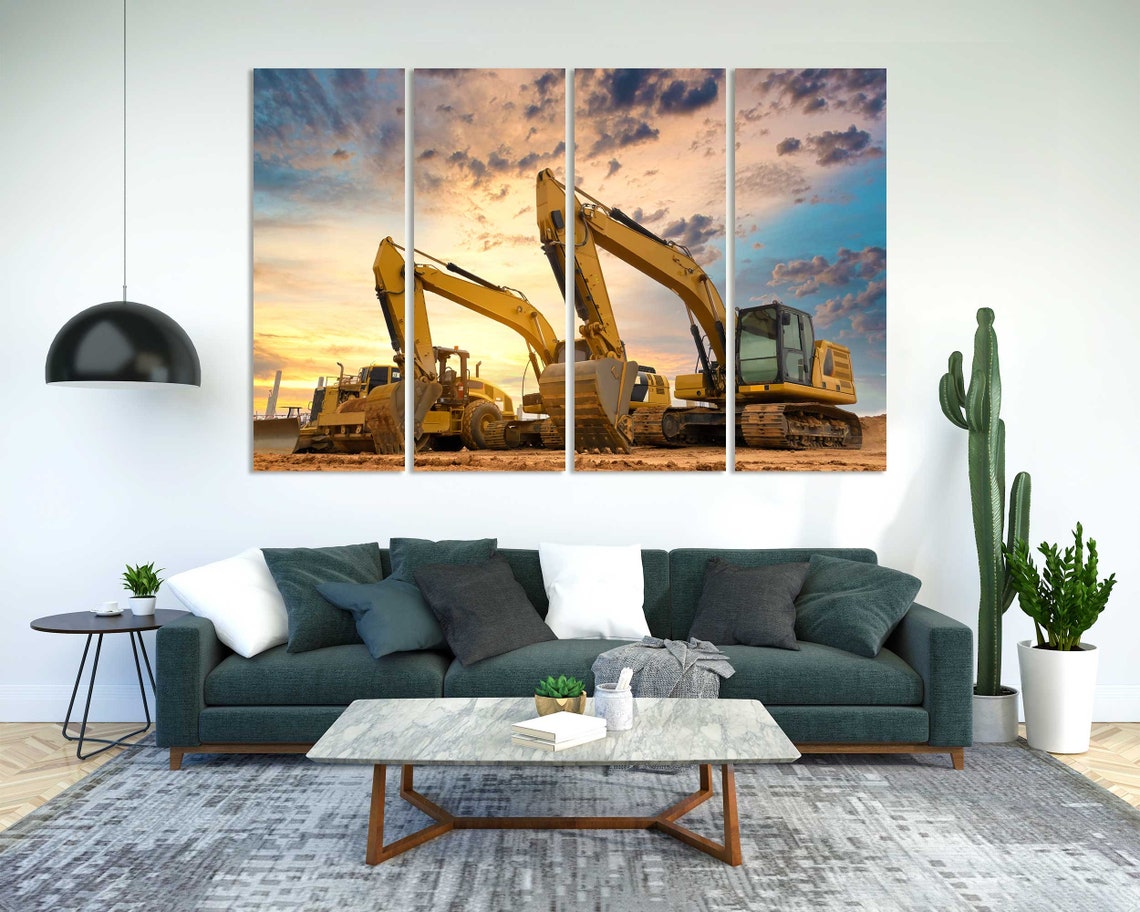 Yellow Excavators Construction Site Sunset Machinery Office Poster - Image 2