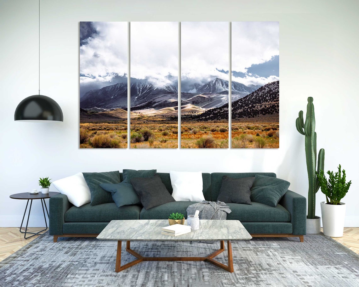 Cloudy Mountains Golden Valley Landscape Triptych Nature Travel Poster - Image 2