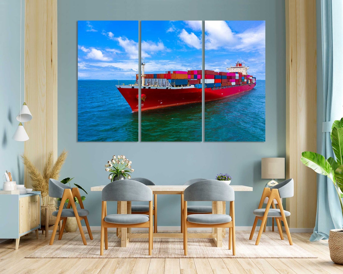 Red Container Cargo Ship Sailing Blue Ocean Quadriptych Sea Art Poster - Image 3