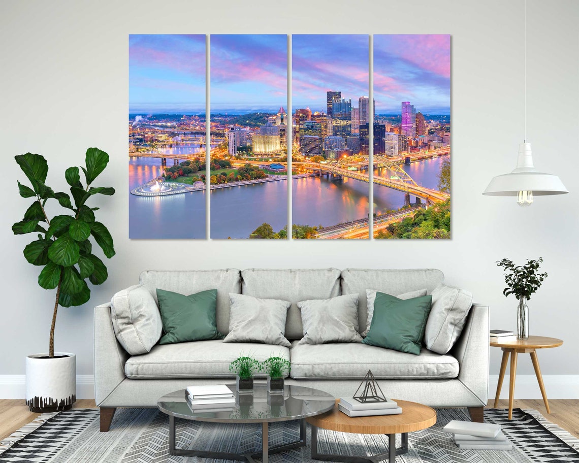 Pittsburgh Skyline Evening Fountain Bridges Golden Dusk City Poster - Image 6