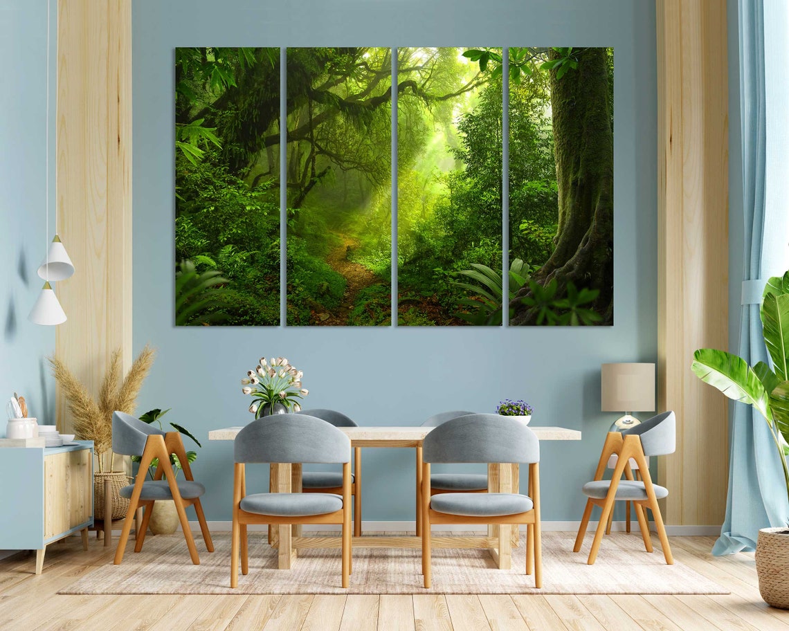 Lush Green Jungle Forest Path Sun Rays Tropical 3 Panel Wall Art - Image 3