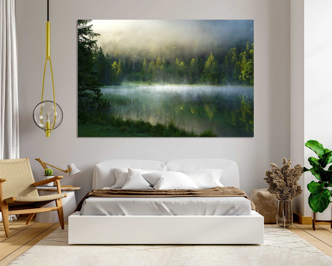 Foggy Morning Lake with Misty Evergreen Forest Reflection View Poster - Image 8