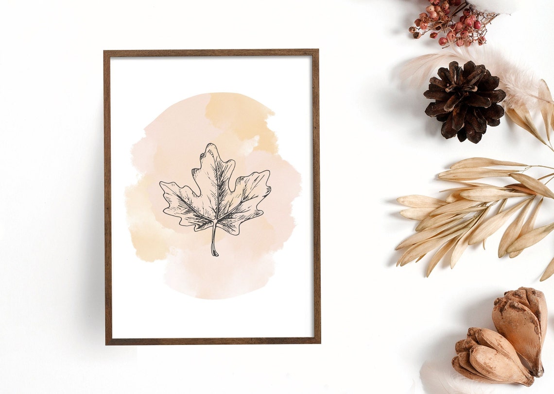 Oak Leaf Line Art Blush Watercolor Botanical Wall Decor Poster - Image 3