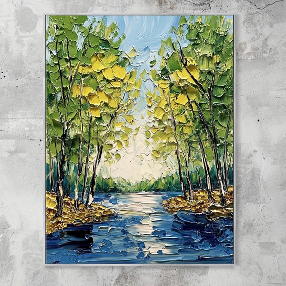 3d Abstract Textured Wall Art Original Green Forest Painting On Skyward View Trees Art Living Room Art Natural Scenery Painting