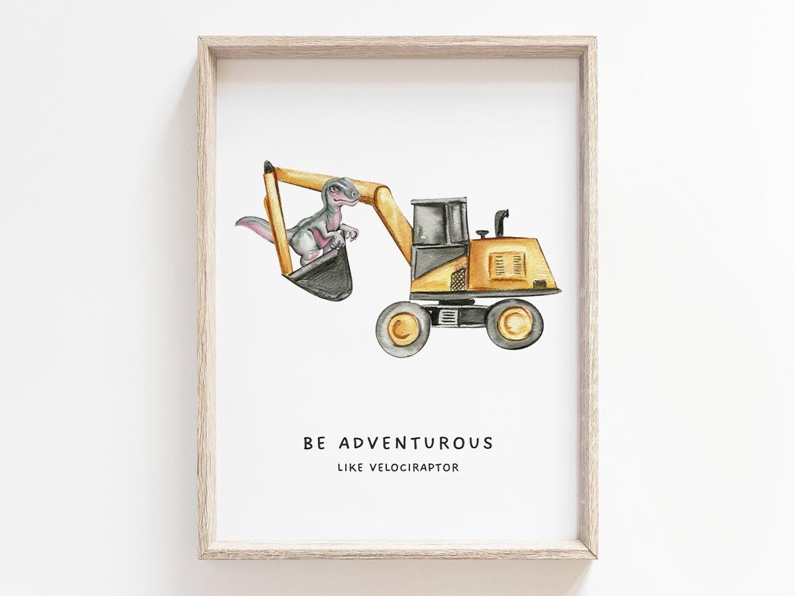 Dinosaur Velociraptor Nursery Construction Truck Art Print