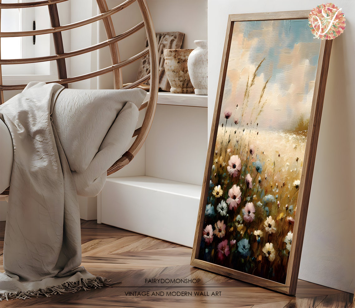 Vintage Wildflower Field Art Oil Painting Natural Flowers Antique Wildflower Field Country Oil Painting And Art - Image 3