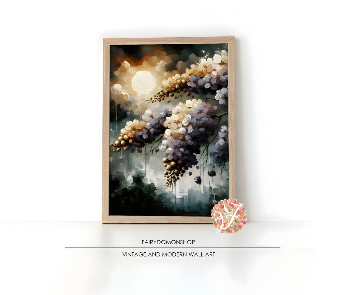 Golden Moon Lilac Blossom Misty Night Floral Oil Painting Poster