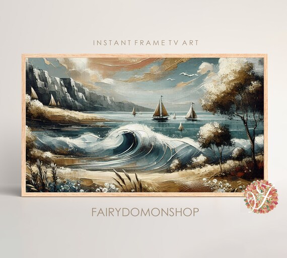 Sailboats Ocean Waves Coastal Cliffs Seascape Oil Painting Poster