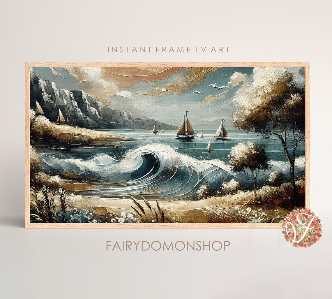 Sailboats Ocean Waves Coastal Cliffs Seascape Oil Painting Poster