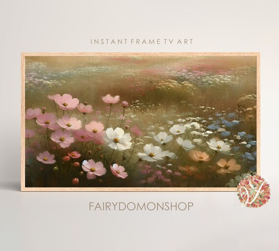 Pink Cosmos Flower Field Wide Golden Meadow Oil Painting Poster