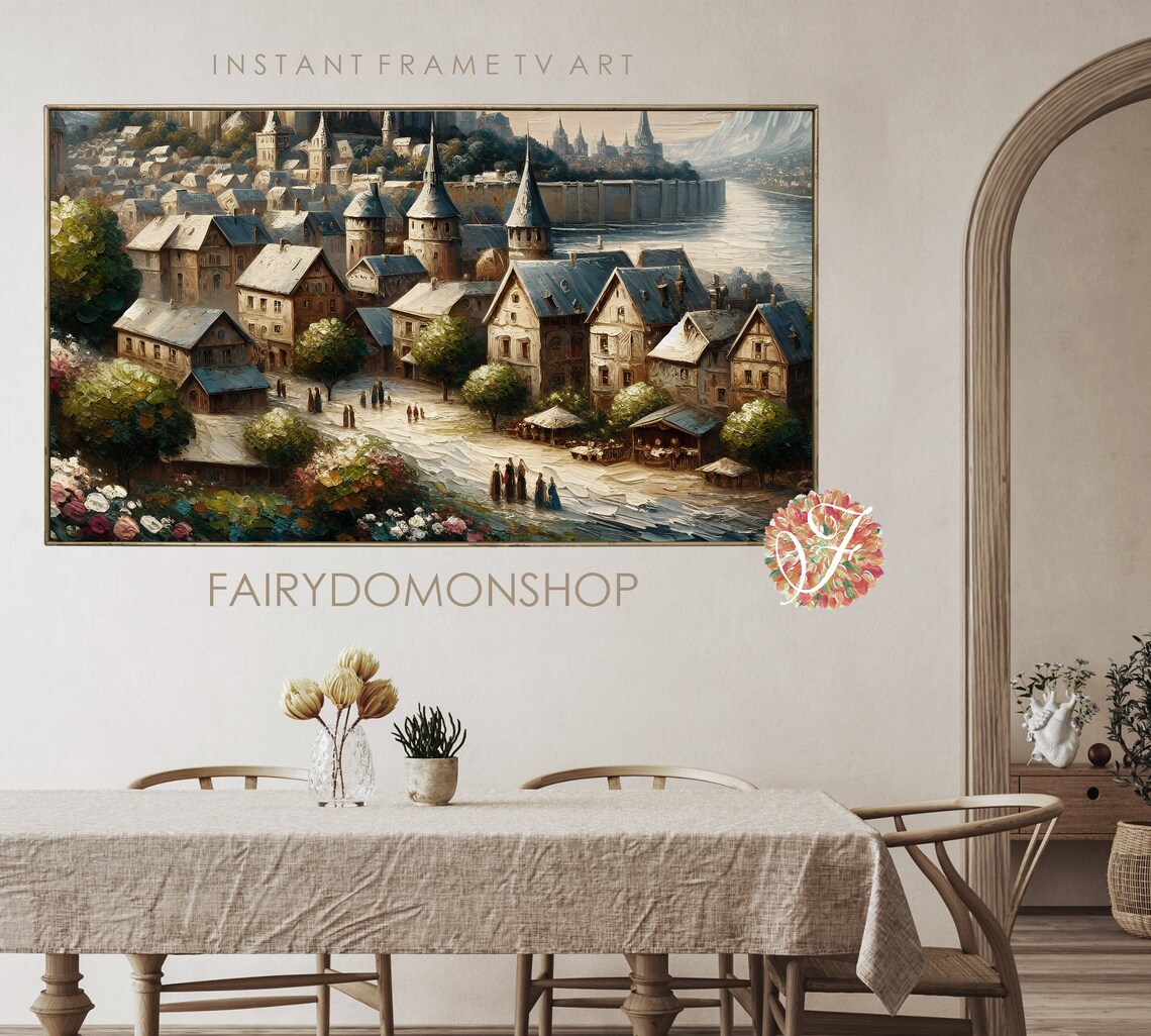 Old European Riverside Village Church Spires Oil Painting Poster - Image 2