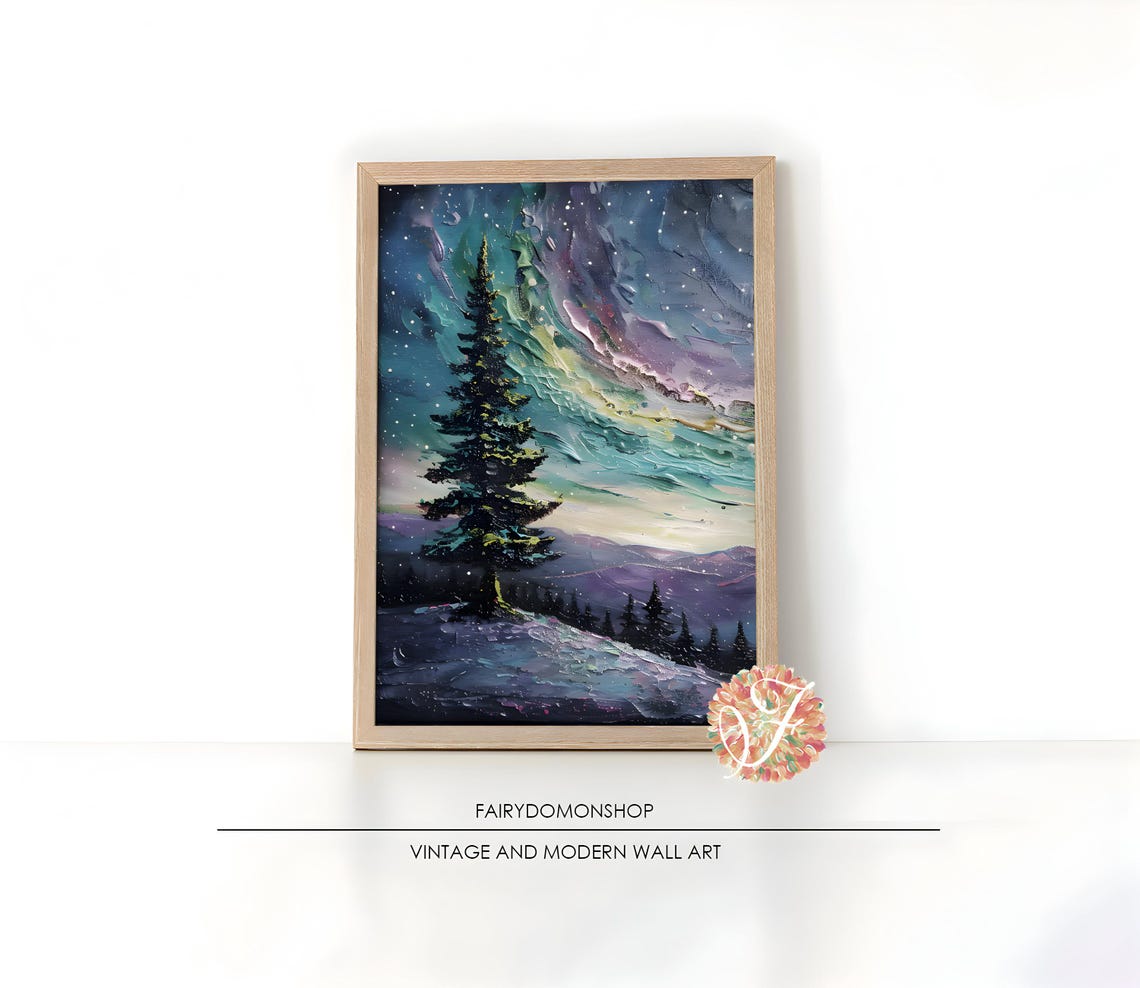 Northern Lights Pine Tree Poster Starry Night Aurora Winter Sky Decor