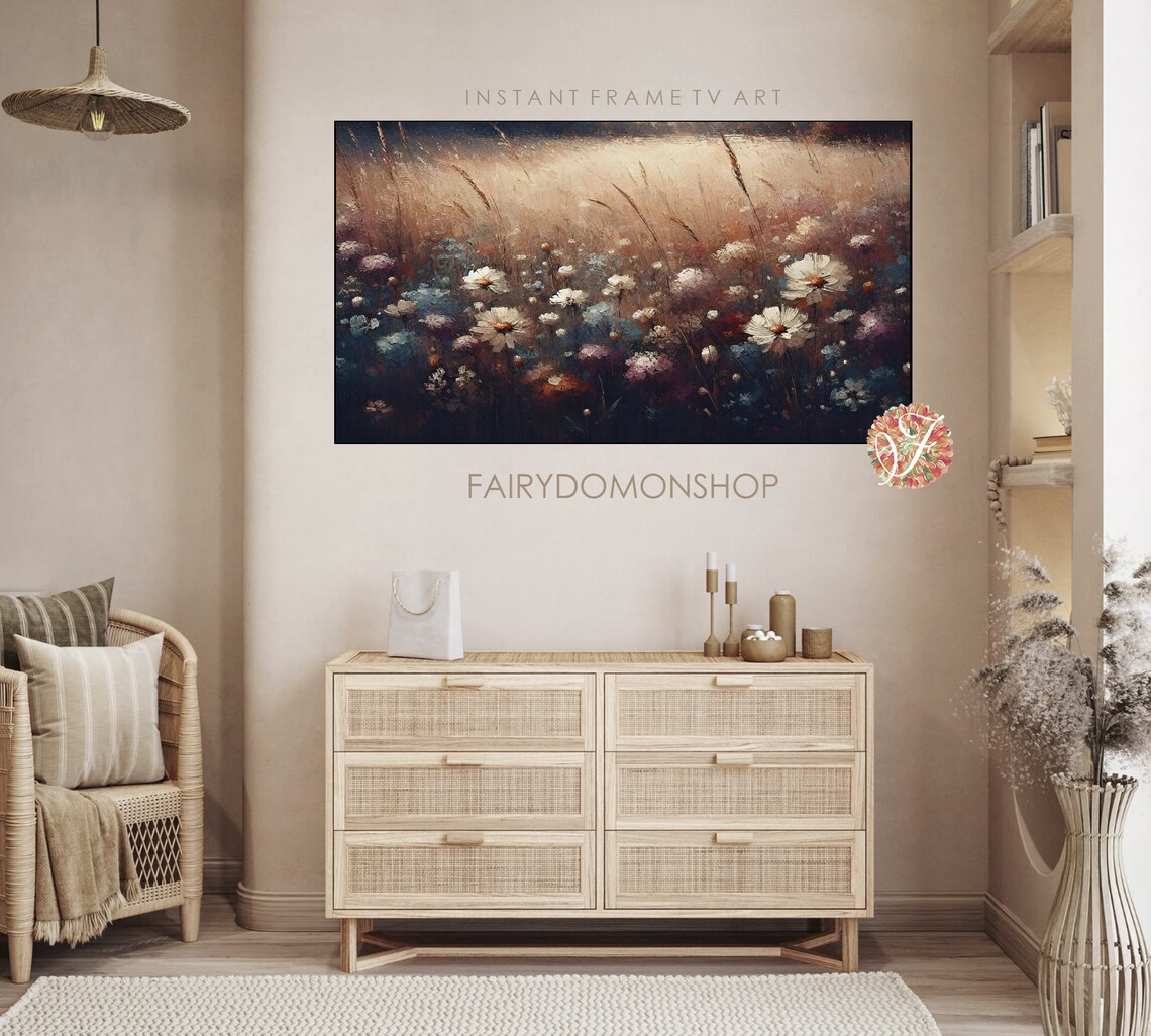 Wildflowers At Dusk Moody Meadow Evening Floral Oil Painting Poster - Image 3