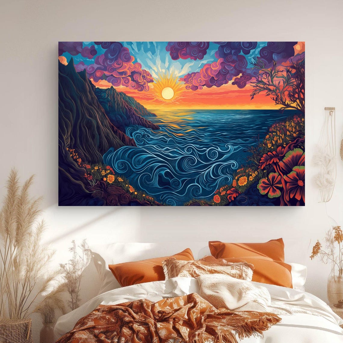 Psychedelic Sunset Coast with Swirling Waves and Flowers Poster