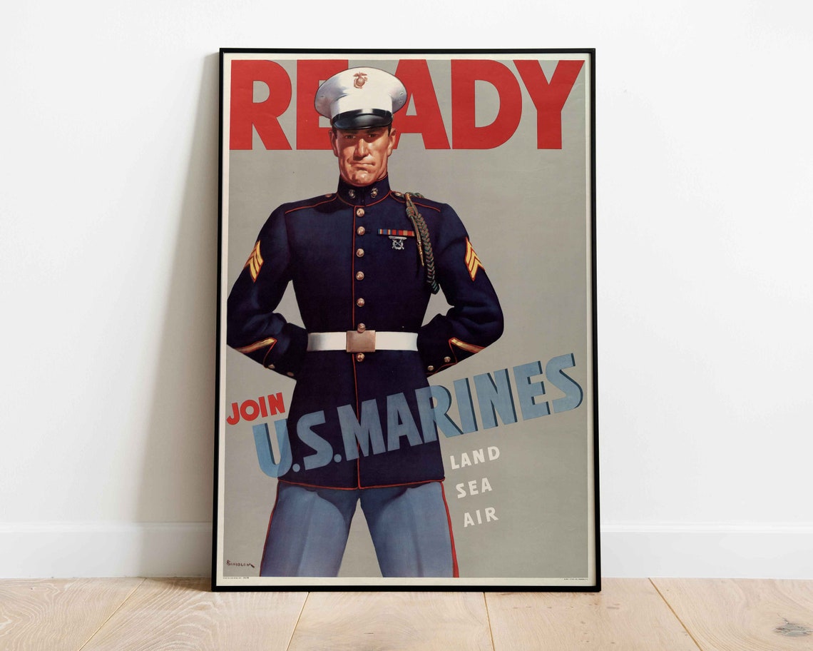 Ready Join US Marines Land Sea Air Vintage Recruitment Poster