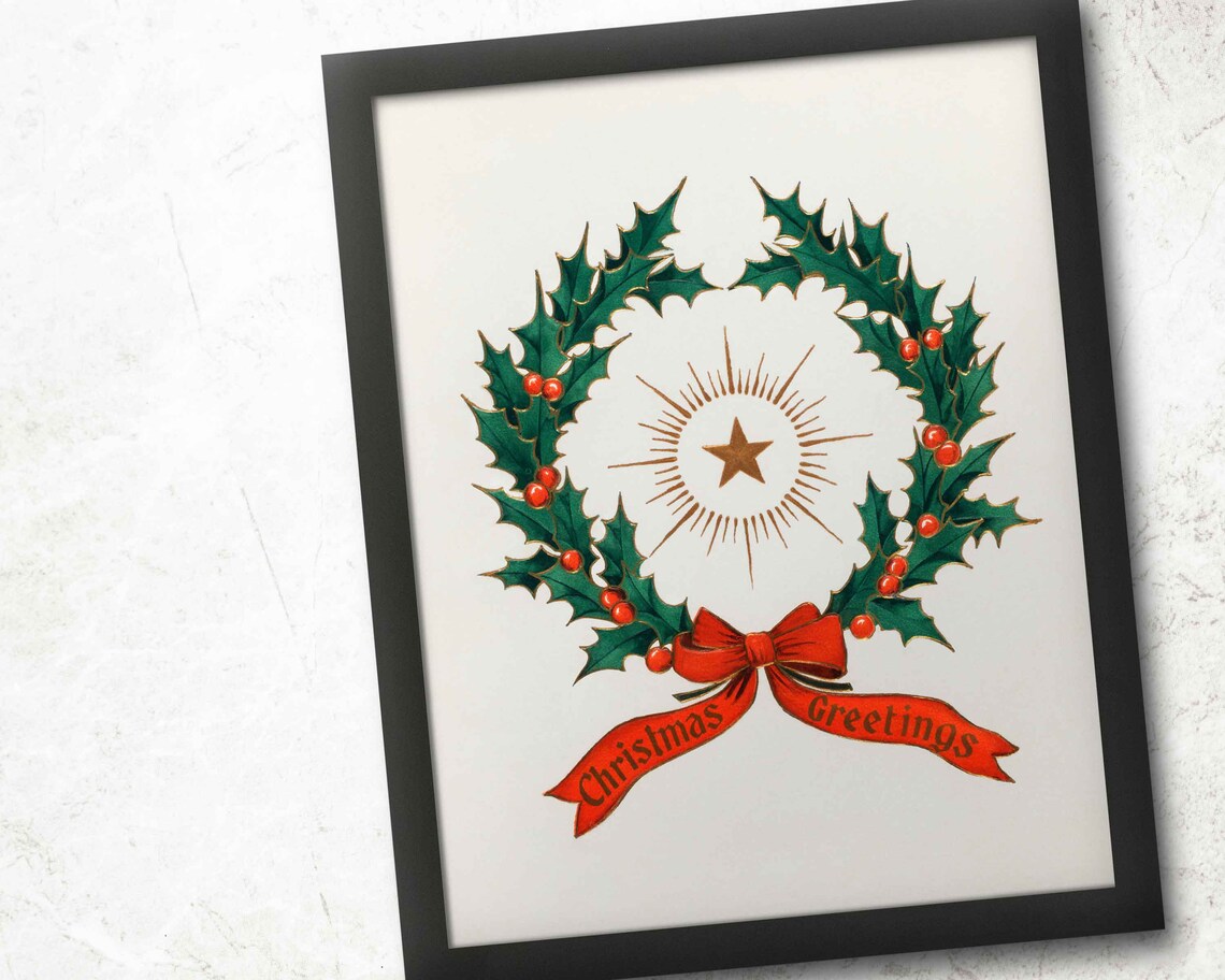 Vintage Christmas Holly Wreath with Star Holiday Greetings Poster - Image 4