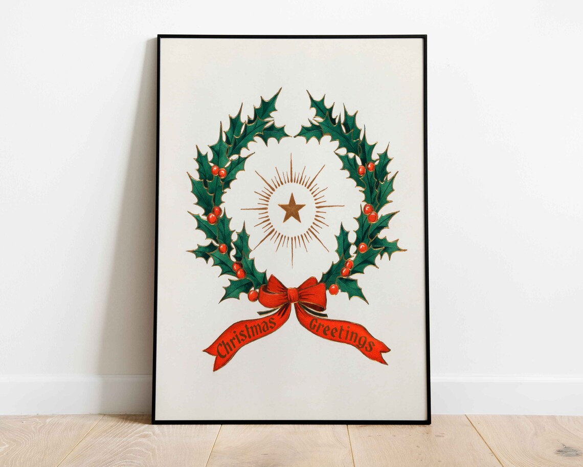 Vintage Christmas Holly Wreath with Star Holiday Greetings Poster