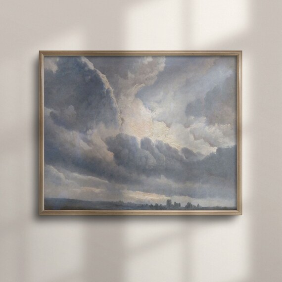 Autumn Pond Beneath Dramatic Clouds Vintage Sky Landscape Painting Poster