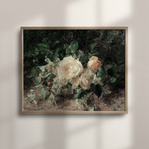 Antique Botanical Floral Painting Vintage Flower Still Life Art French Country Cottage Core Decor Moody Vintage Farmhouse Wall C16 168