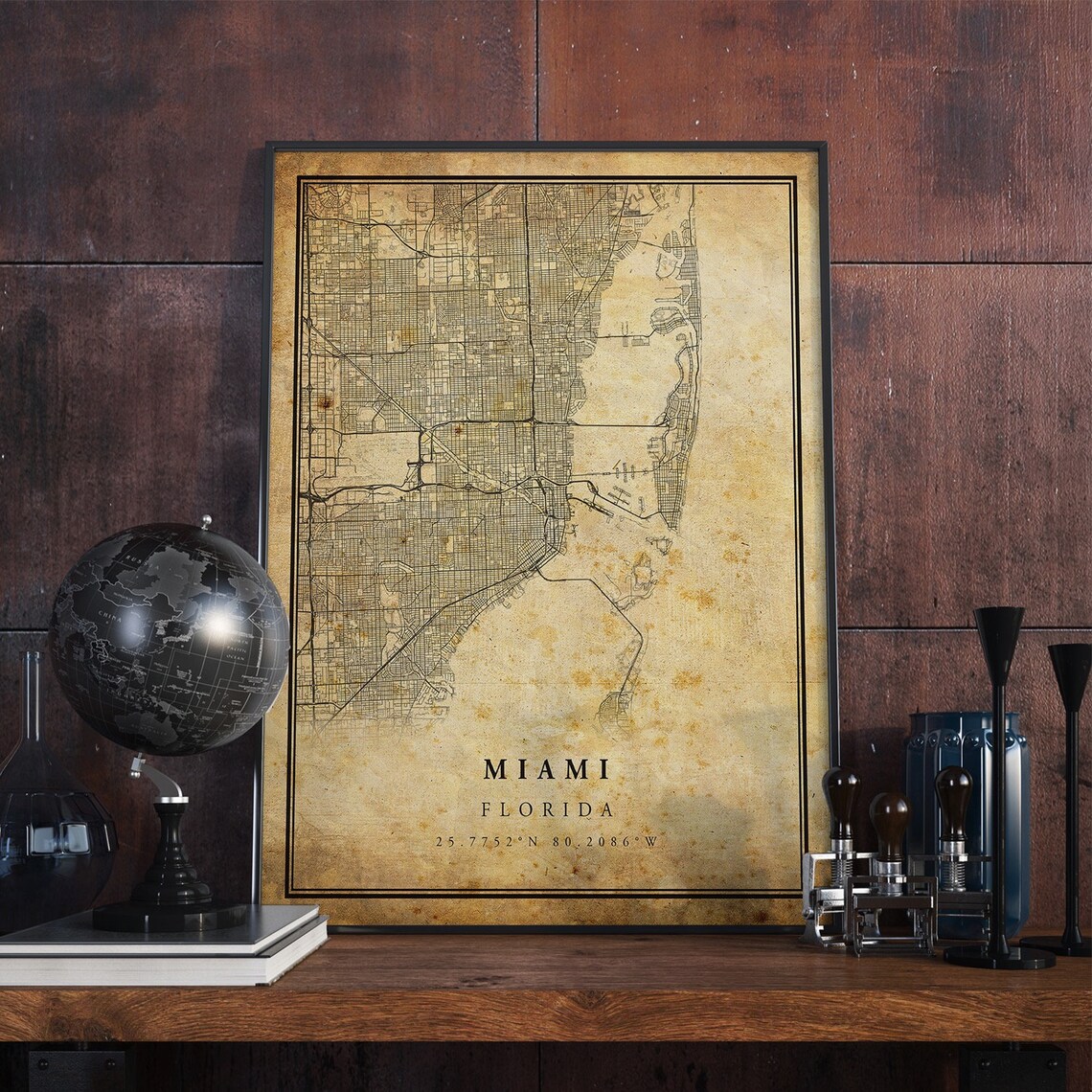 Miami Vintage Map Poster, Antique Rustic Travel Print