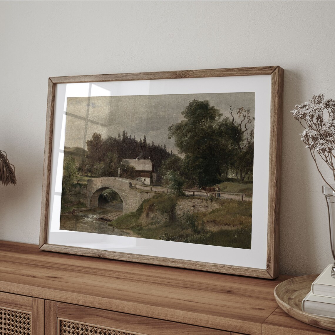 Vintage Stone Bridge River Countryside Oil Painting Art Print - Image 4