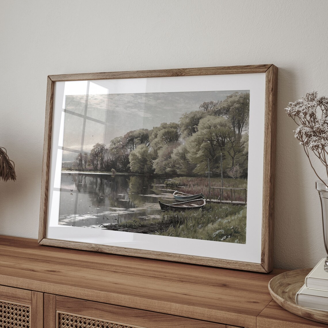 Tranquil Lakeside Boats Vintage Oil Painting Calm Water Poster - Image 4