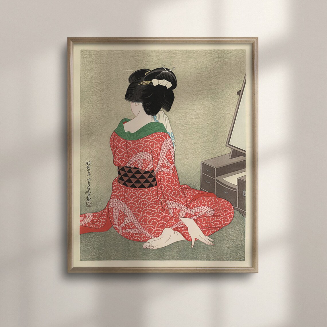 Elegant Woman In Red Shibori Kimono, Ukiyo-E Art Print