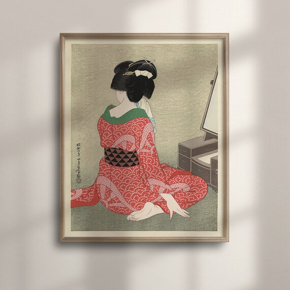 Elegant Woman In Red Shibori Kimono, Ukiyo-E Art Print