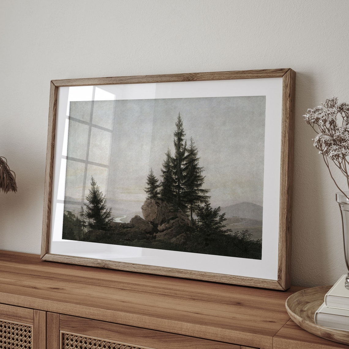 Vintage Pine Trees Rocky Hilltop Misty Valley Forest Art Poster - Image 4
