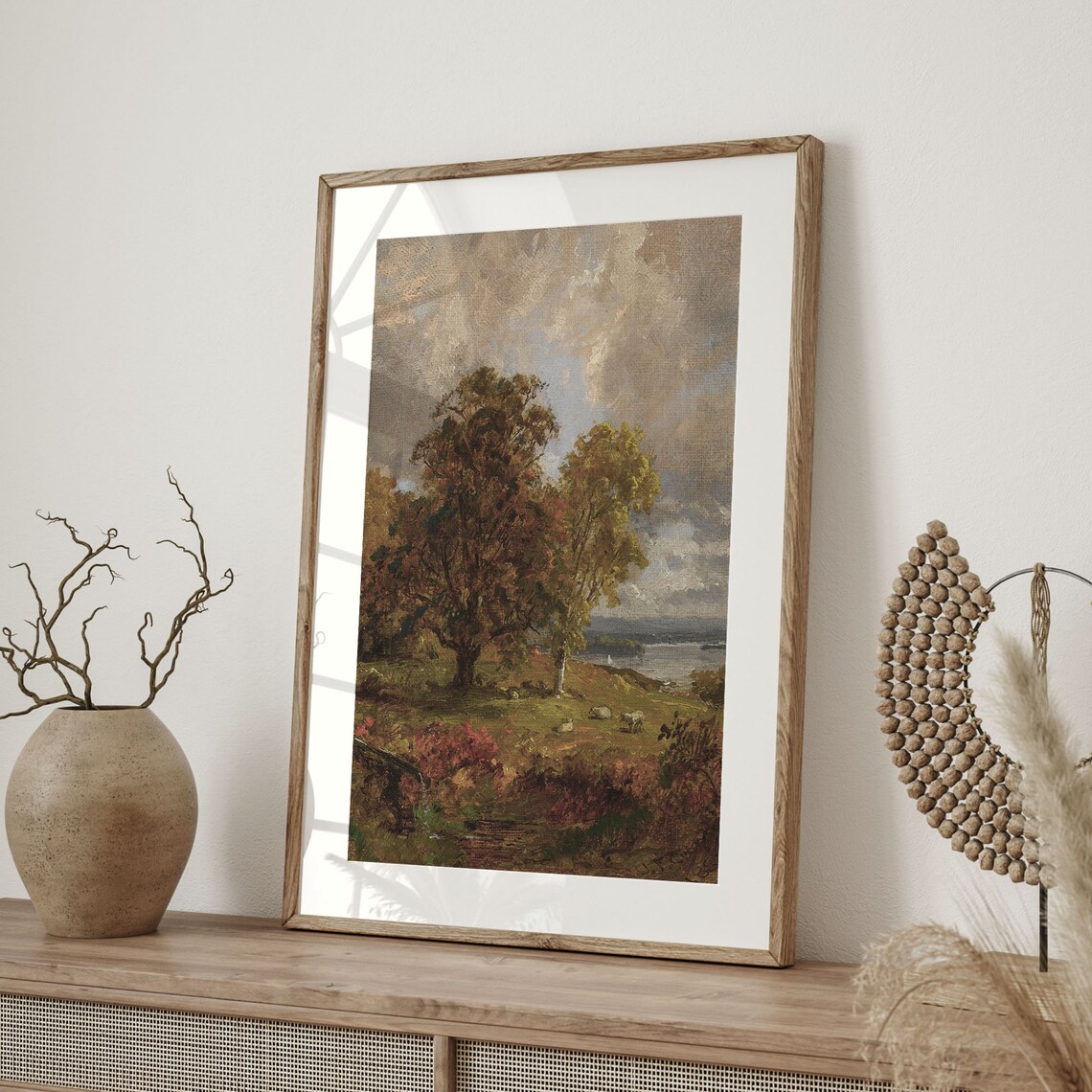 Pastoral Autumn Landscape With Sheep Trees And Lake Art Poster - Image 4