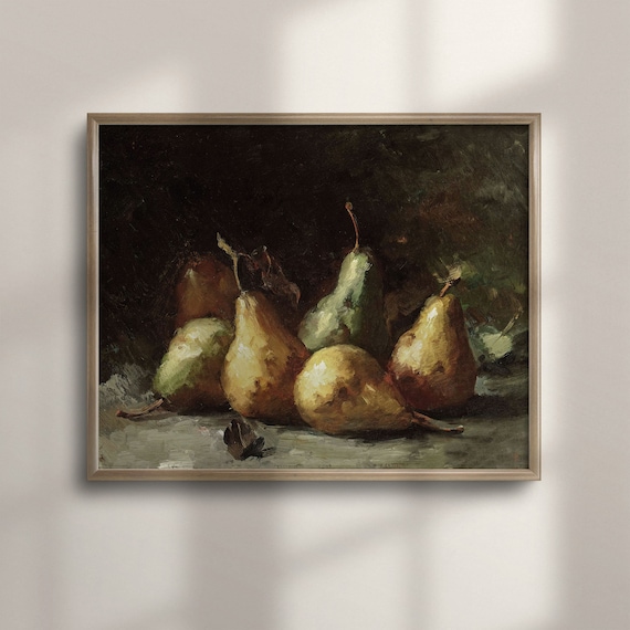 Ripe Pears Antique Still Life Oil Painting on Dark Wall Poster