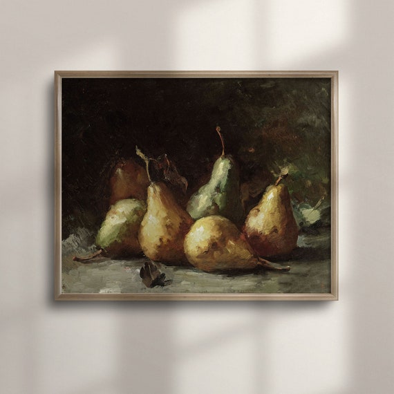 Vintage Still Life Pear Painting Kitchen Wall Art Moody Oil Artwork Framed Fruit Poster Classic Shelf Decor C16 162