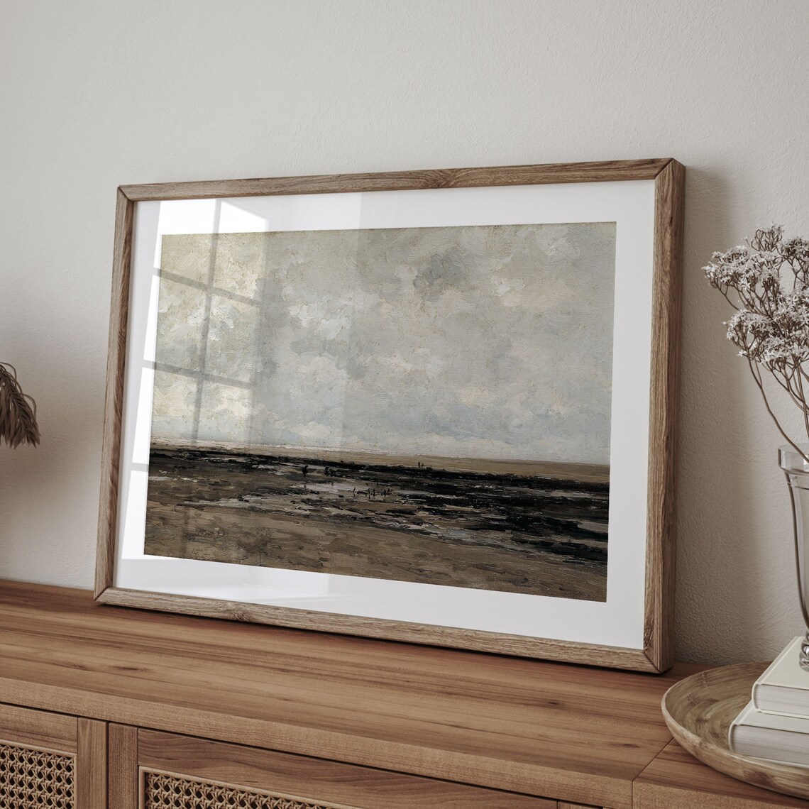 Vast Cloudy Sky Above Moody Tidal Beach Seascape Oil Painting Print - Image 4