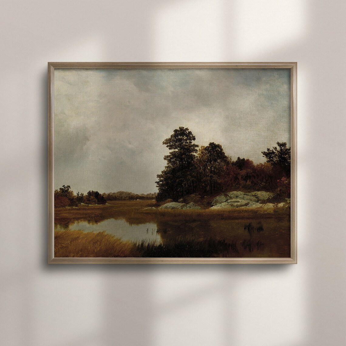 Dark Moody Marsh Landscape Antique Oil Painting on Lake Poster