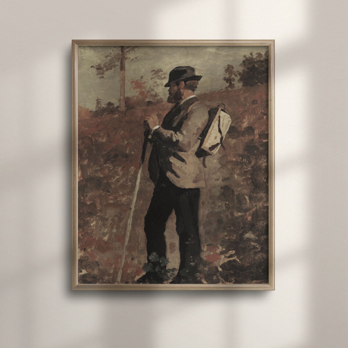 Bearded Hiker with Backpack and Walking Stick Autumn Hillside Painting Poster