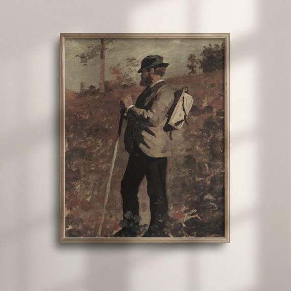 Bearded Hiker with Backpack and Walking Stick Autumn Hillside Painting Poster