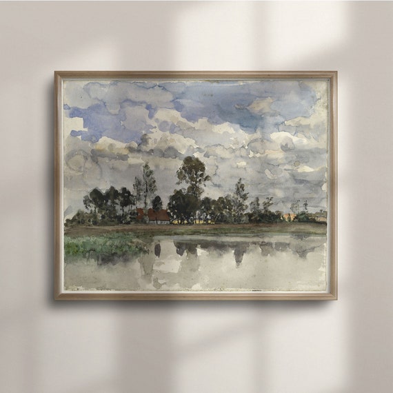 Blue Sky Landscape Art Print Vintage Watercolor Nature Painting Antique Watercolour Wall Decor C16 713