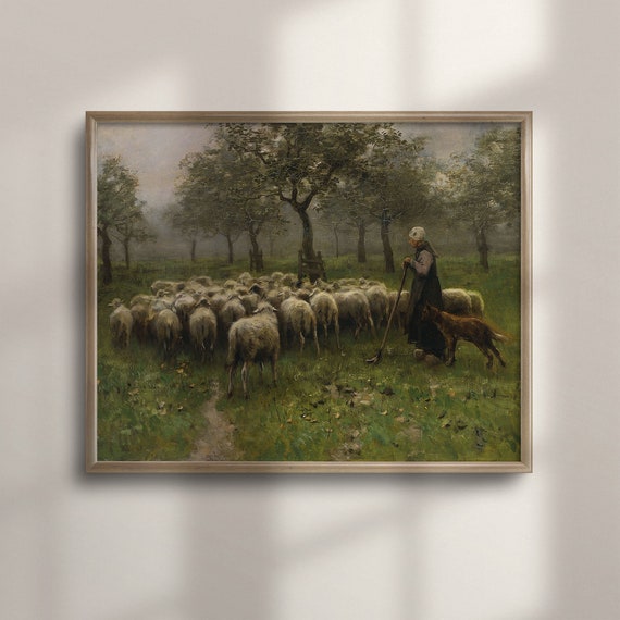 Vintage Sheep Landscape Art Print, Farmhouse Decor