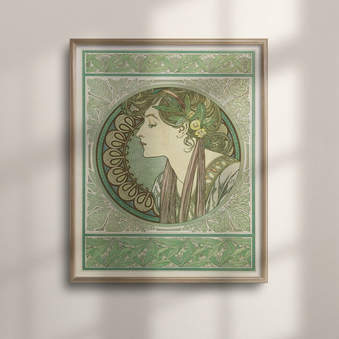 Alphonse Mucha Art Nouveau Woman Profile Laurel Medallion Poster
