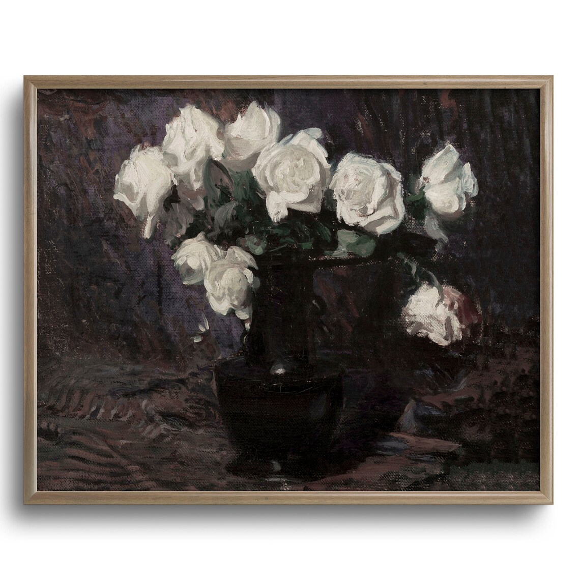 White Roses in Black Vase Dark Floral Oil Still Life Art Poster
