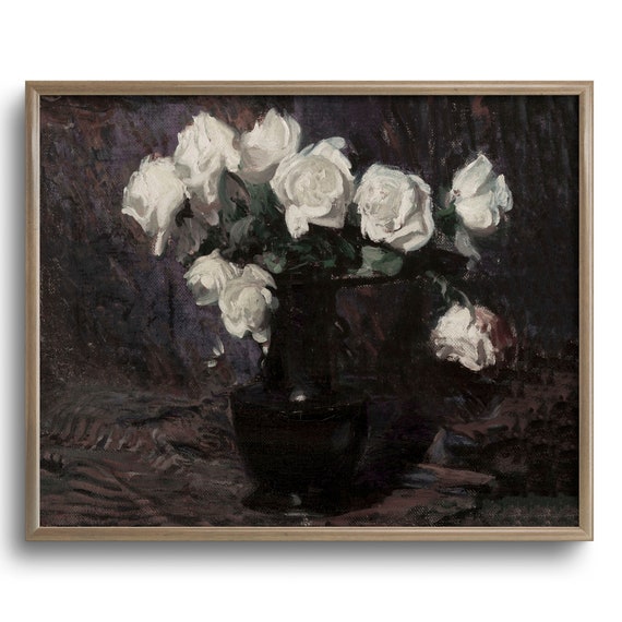Dark Moody Roses Painting Vintage Square Flower Still Life Print C16 174