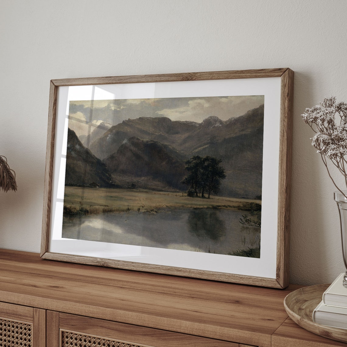 Rustic River Valley Mountain Cabin Vintage Landscape Painting Poster - Image 4