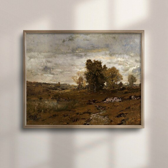 Moody Autumn Landscape Ochre Field With Pond And Cluster Of Trees Print