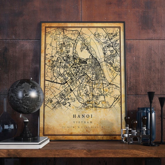 Hanoi Vintage Map Poster, Antique Rustic Travel Poster