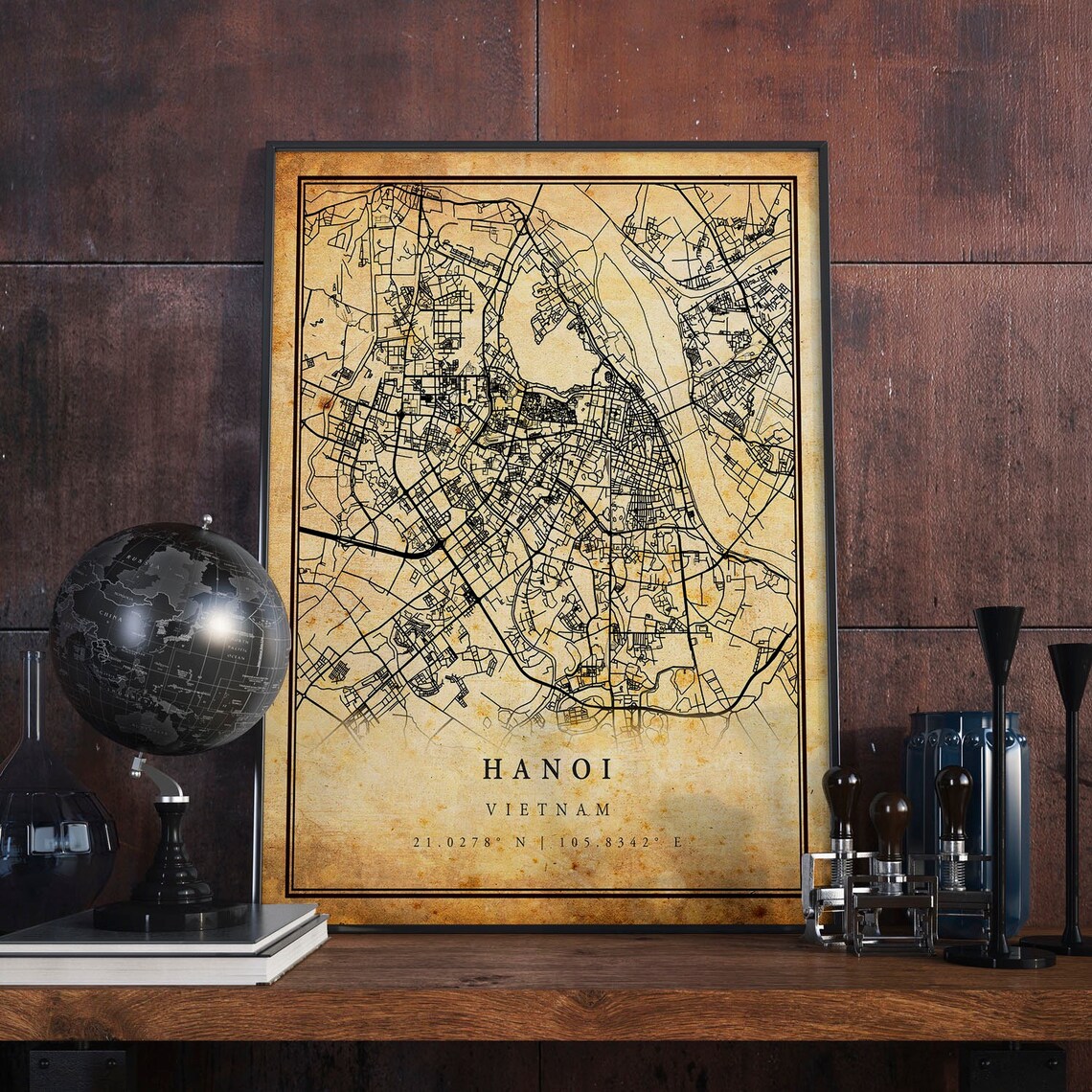 Hanoi Vintage Map Poster, Antique Rustic Travel Poster