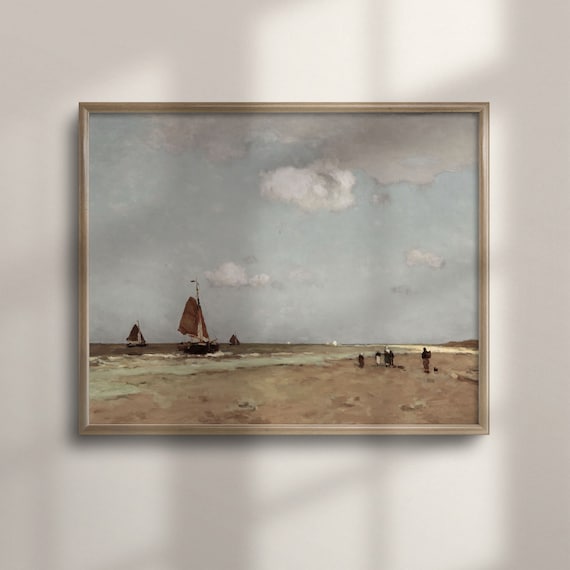 Vintage Sailboats on Beach Antique Nautical Coastal Painting Poster