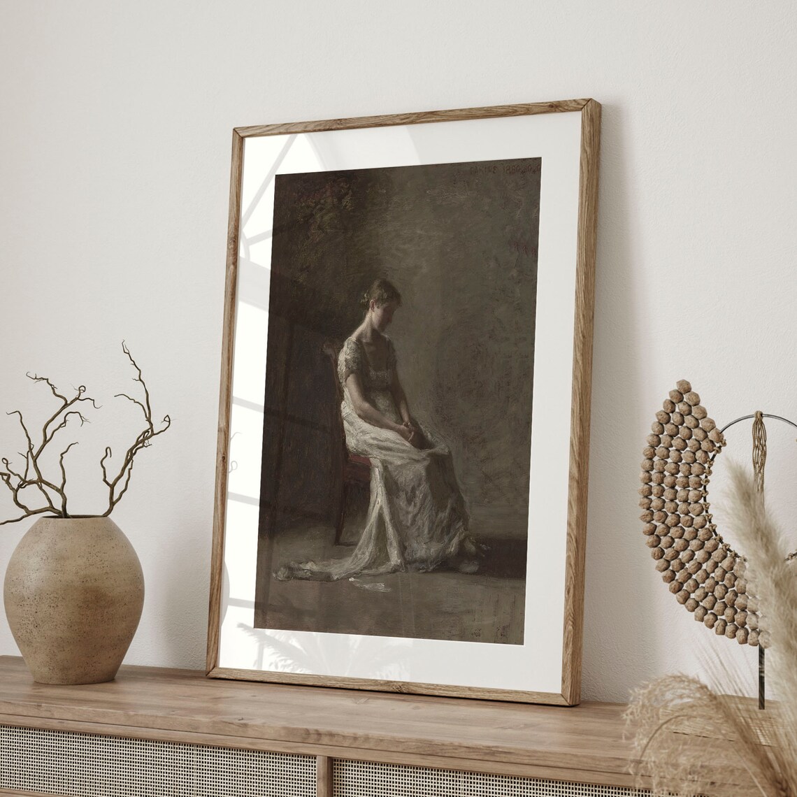 Antique Woman in White Dress Seated Vintage Oil Painting Art Poster - Image 4