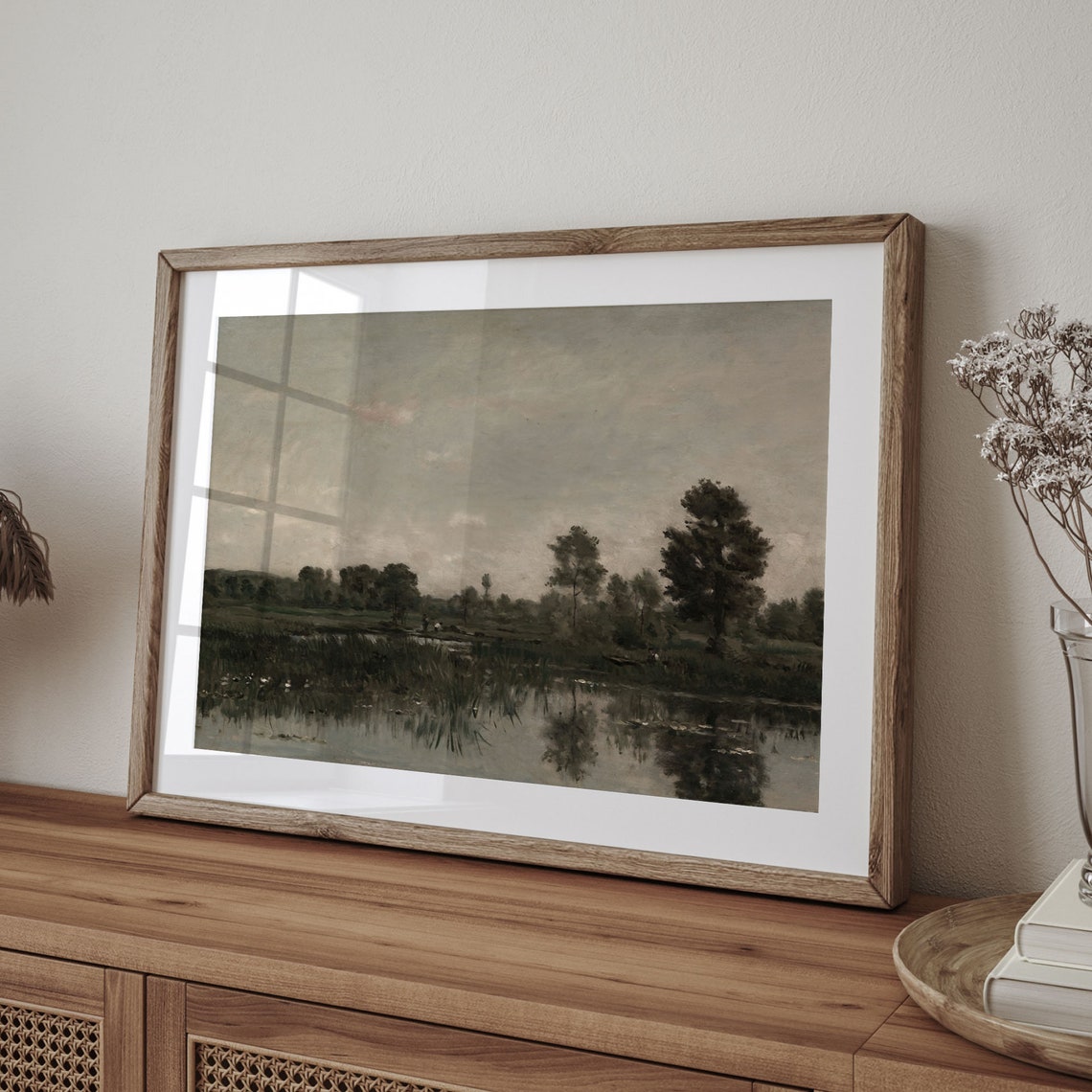Still Pond with Reeds and Tree Reflections Vintage Art Poster - Image 4